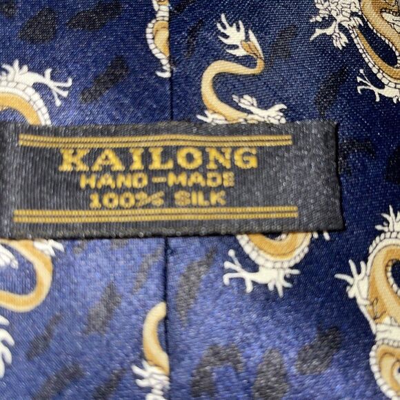 Kailong Dress Tie Mens Size 56 Long 4 Wide Blue Dragon Motif 100% Silk Hand Made - Picture 2 of 12